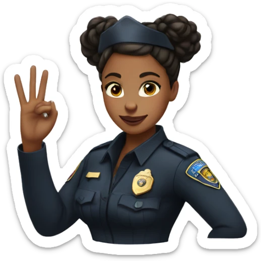 A black cop girl with a hair bun and making the peace symbol with her hands sticker