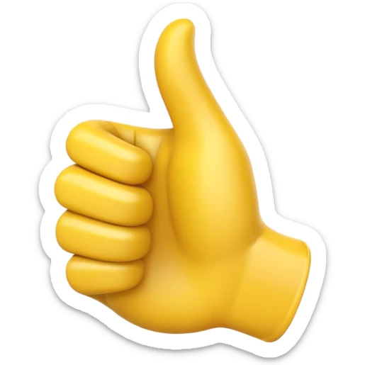 Apple-style 3D illustration of a single yellow emoji hand giving a thumbs up gesture, glossy and rounded, centered on a clean white background, soft shadow underneath, isolated and minimal design sticker