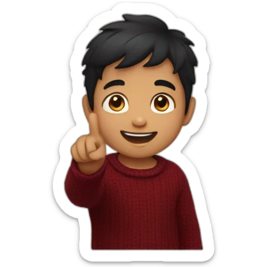 smiling and pointing 3 years old north indian with black hair wearing a dark red sweater sticker