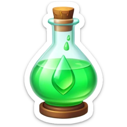 Clash of Clans aesthetic: Cinematic Playful Pixel 3D green health Potion Emoji, rendered in a 3D vector-style similar to standard emojis with minimal shading and bold, simplified shapes. A compact, distinct form with signature details, softly glowing with a pixelated adventure charm. Simplified yet unmistakably iconic, highly detailed and consistent, glowing with a soft radiance and high shine. Stylized with a touch of classic pixel-art charm and a soft glowing outline, capturing the essence of a beloved gaming relic with a friendly, playful manner! sticker