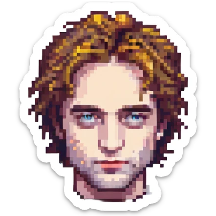 Robert Pattinson as a pixel art character, detailed facial features, iconic hairstyle, minimalist pixel style sticker