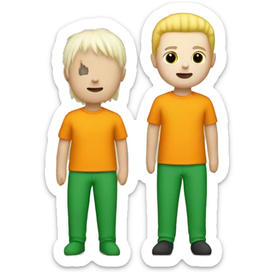 white ragdoll with orange shirt, green pants, and short, yellow hair. No eyes, nose or mouth. No shoes. sticker