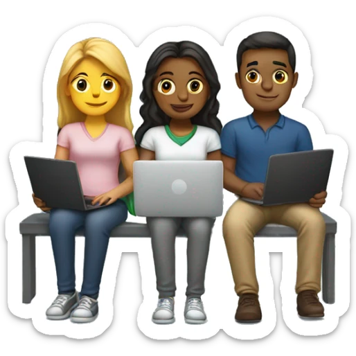 2 girl and 3 man each of them holding laptop and sit together  sticker