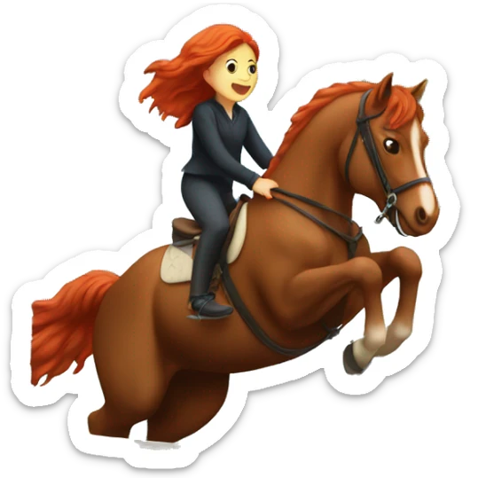 A girl with red hair riding a horse that is jumping over a wall sticker