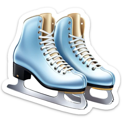 An icon featuring a pair of elegant figure skates standing on the smooth ice of a rink, with sparkling ice beneath them. The background shows a grand ice arena with bright lights and empty stands, highlighting the beauty and grace of figure skating. Transparent background. sticker