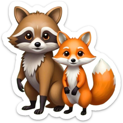 Collage of a raccoon and a fox, in close-up, set in a beautiful forest with tall trees, green bushes, and sunlight filtering through the leaves and flowers. A vibrant, wild atmosphere with a transparent background. sticker