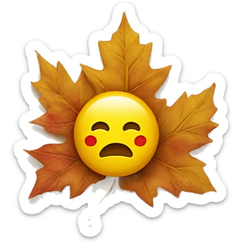a classic yellow emoji happy face where instead of eyes it has 2 red maple leaves  sticker