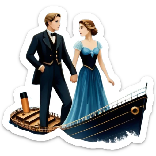 Icon for Titanic Movie: A vintage movie poster-style design featuring a dramatic scene of the ship, the iceberg, and a romantic silhouette of the main couple. Include elements like the ship’s bow, water splashes, and a starry sky in the background. Retro cinematic feel. Transparent background. sticker