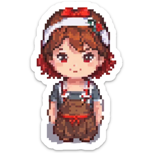 girl with short brown hair and a red headband, pixel art style, facing forward sticker