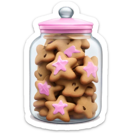 Realistic glass cookie jar with light pink lid full of gingerbread cookies isolated.  sticker