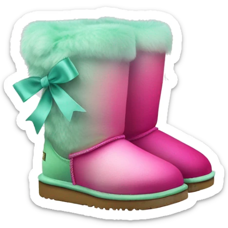 Realistic pair of hot pink to mint green ombre fur Ugg boots with silk ribbon bows. sticker