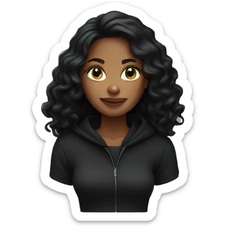 Woman with tall black wavy hair wearing black hoodie  sticker