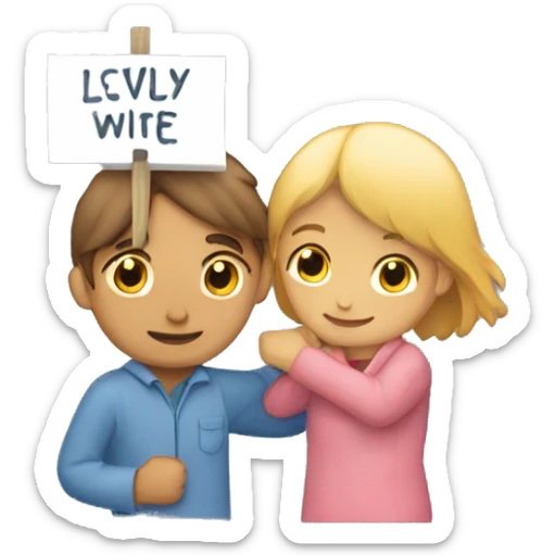 A boy hugging a girl and the girl holding a sign saying lovely wife sticker
