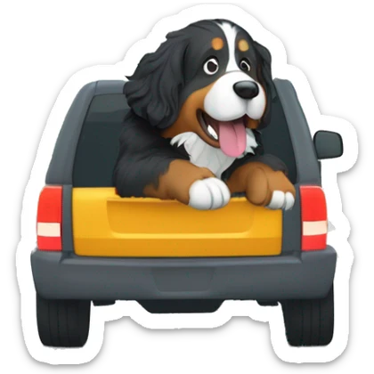 bernese mountain dog driving a gray SUV on a windy treelined road sticker