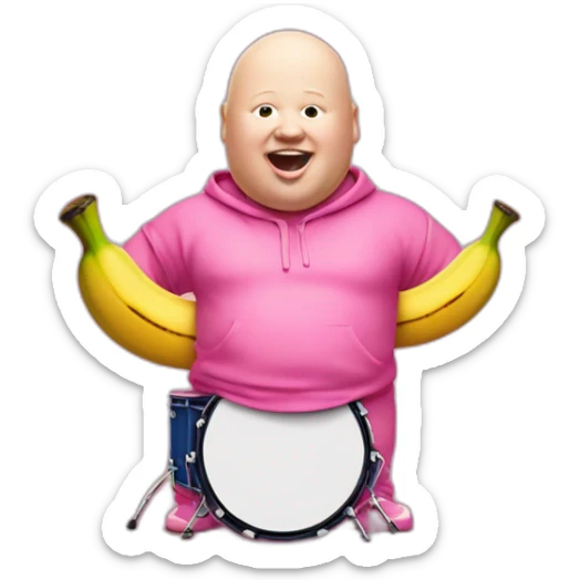 Matt Lucas in a pink onesie with a banana sticking out his ear playing the drums sticker