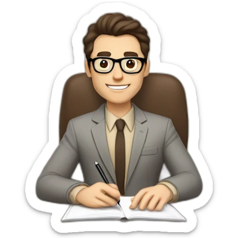 Pale skinned Fit Man With dark brown hair in gray jacket, beige office shirt, Brown pants and vintage glasses sitting In a soft chair with a notebook on spring with emblem Ψ and a pen sticker