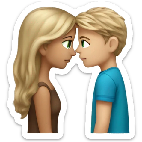 Girl with dirty blonde hair andgreenish blue eyes kissing boy with brown hair sticker
