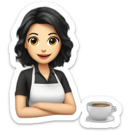 Smocking Female barista black hair wear uniform and stand near coffee shop with cup of coffee sticker
