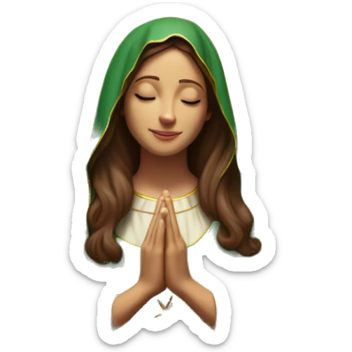 Virgin Mary: kind face looking down at the left, long brown hair, Wearing an emerald green  robe with gold stars and a burgundy red dress,  Hands in prayer or blessing. Halo around her head. standing in front of a big sun. colorful roses on the sides  sticker