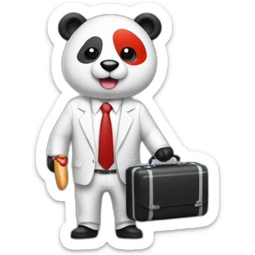 A professor with white suit and red tie and a panda face eating a hotdog and holding a black suitcase sticker
