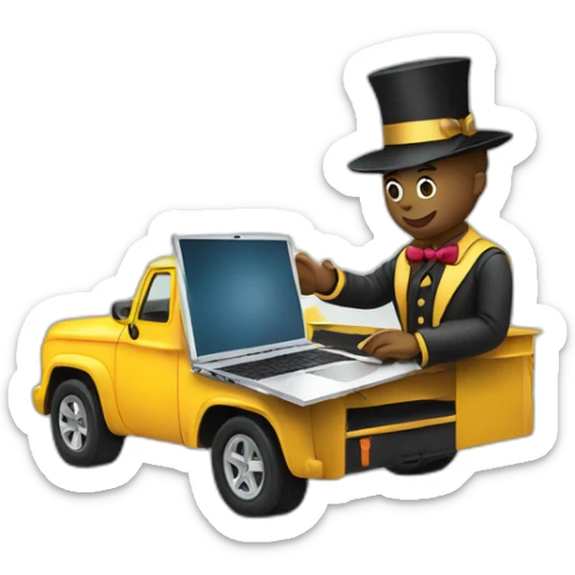 magician programming a laptop with an emoji of a truck on the laptop screen sticker