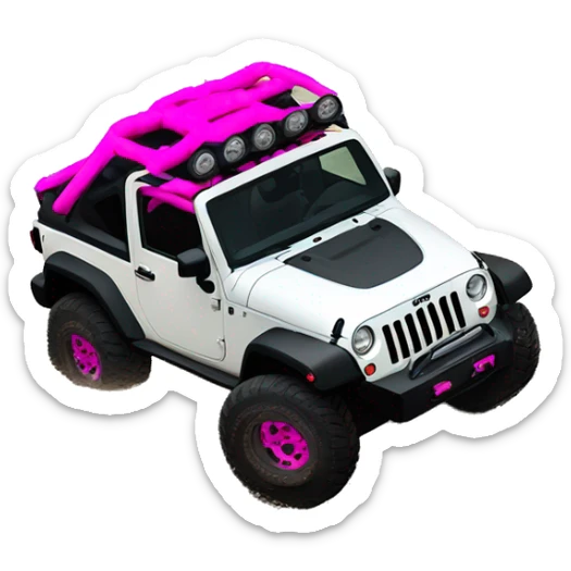 white jeep wrangler lifted on mud tires with hot pink door handles  sticker