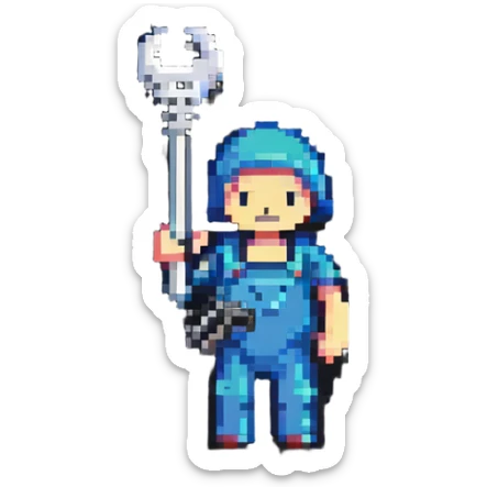 Simple pixel art IT badge with colorful person holding a car wrench key sticker