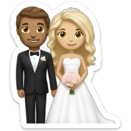 Tan woman with dark brown hair and white man with blonde hair getting married sticker