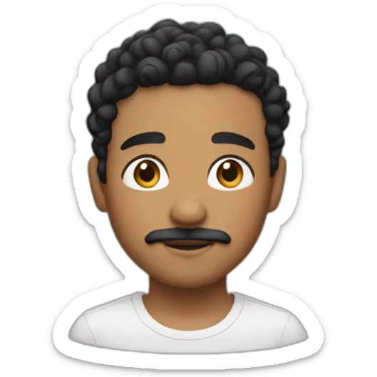 Light brown skin with short curly black  hair with a skin fade around the sides and a small thin moustache sticker