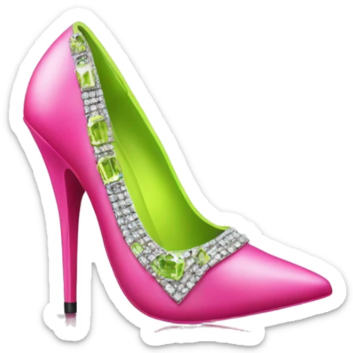 Realistic isolated top view of a pair of hot pink to lime green pointed toe high heel shoes with diamonds on them. sticker
