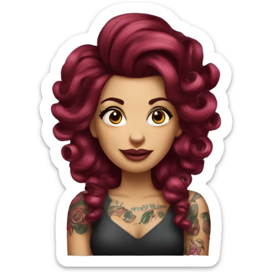 Beautiful tattooed  burgundy long haired woman with curlers in her hair sticker