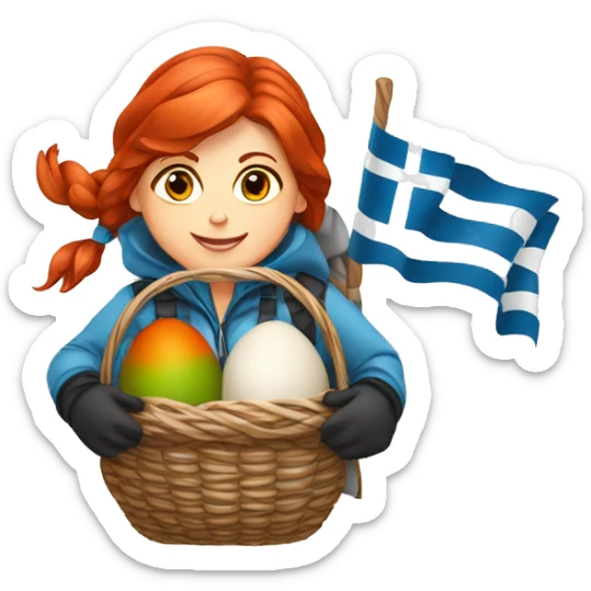 red hair female winter mountaineer climbing with Easter eggsbasket and Greek flag sticker
