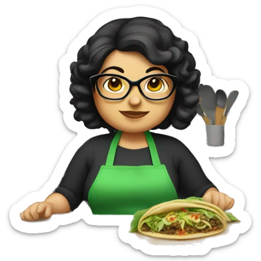 chubby lady with black hair green apron  with glasses cooking tacos sticker