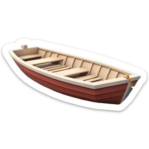 A 3D cartoon small boat floating on estuary water, with nearby reeds and horizon in view, bright lighting, Memoji-style. sticker