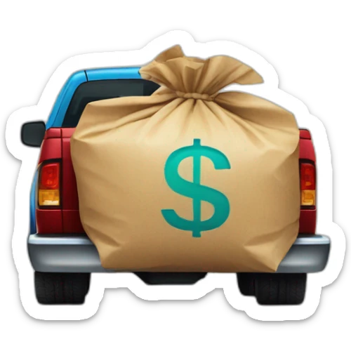 big bag with a dollar sign on it being transported on the back of a pickup truck sticker