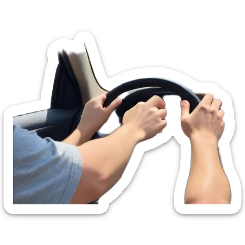 A person stands outside of to a car parked on the side of a long, open road. The sky ahead is clear and glowing, full of possibilities. One hand is on the steering wheel, the other points forward. The rearview mirror reflects storm clouds, but the windshield shows sunlit mountains ahead.  sticker