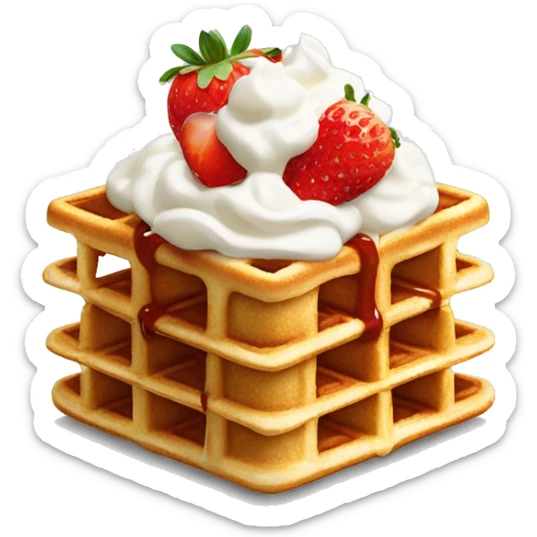 square waffle with dollop of whipped cream and one strawberry on top sticker