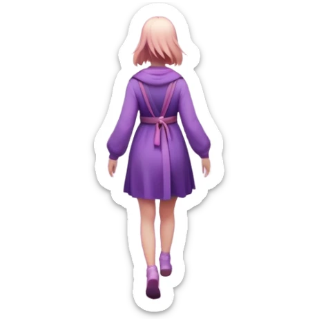 A small figure walks back across a foggy bridge, holding soft pink and purple orbs in each hand—symbolizing compassion and forgiveness. A gentle heart aura trails behind them, showing healing in motion. sticker