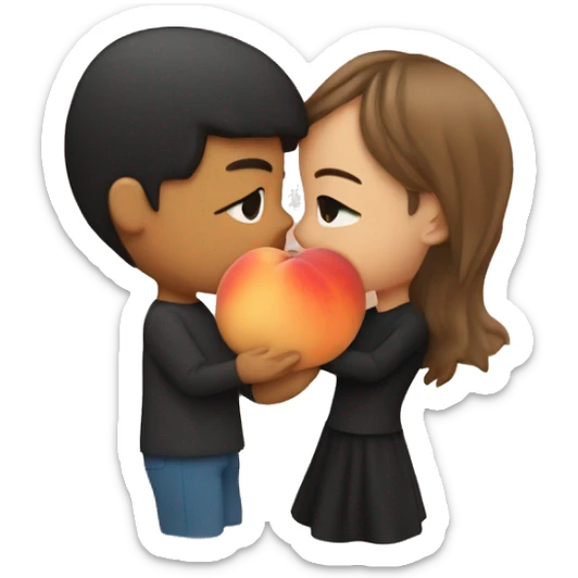 A girl with a black square kisses a guy with brown hair. Above them is a peach sticker