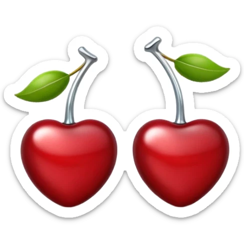 A pair of cherries emoji made of polished silver chrome, smooth rounded shapes, glossy metallic finish, soft highlights and reflections, cute proportions, iOS emoji style, centered, clean white background, no text sticker