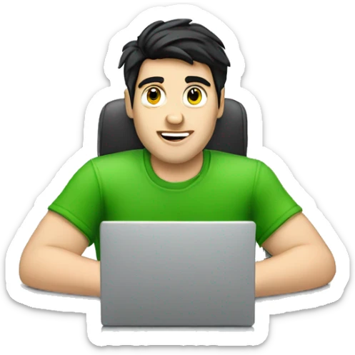 white guy with black hair typing in laptop wearing green t-shirt working in call center sticker