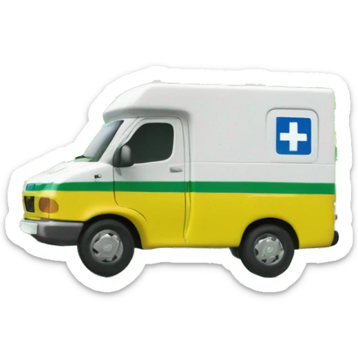 British NHS ambulance, yellow in colour, with green checkerboard print along the bottom. NHS logo on the side.  sticker
