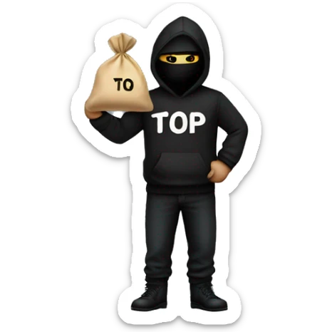 Thief wearing all black clothes stealing a money bag with the words Top Tier stitched in it sticker