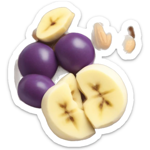 Purple acai bowl in glass layered with peanut butter, banana, almonds sticker