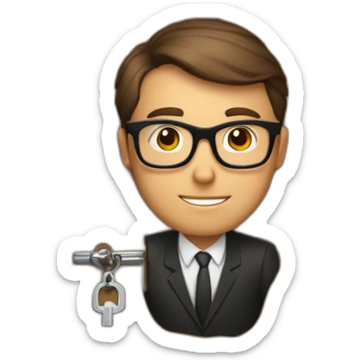 brown-short-haired classy man wearing glasses, struggling to fit a key into a wooden door-lock sticker