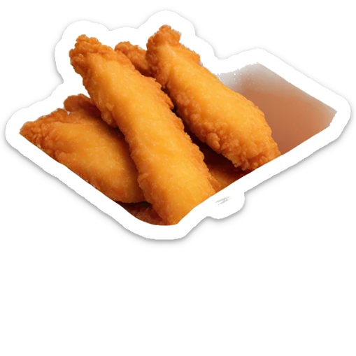 3 chicken tenders with crinkle fries and orange sauce on the side in a styrofoam container styrofoam container sticker