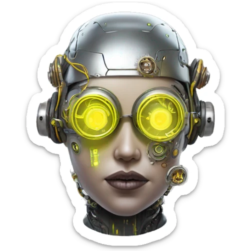 Fat faced Caucasian female cyborg head with Neon yellow bobbed hair, silver steampunk goggles and circuits sticker
