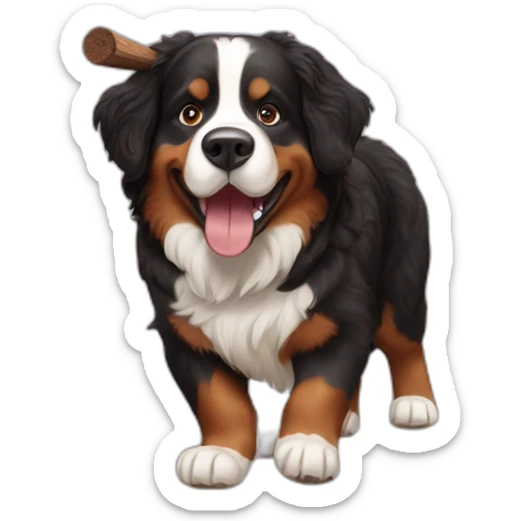 Bernese mountain dog playing with a wood stick and a brown hair womand sticker