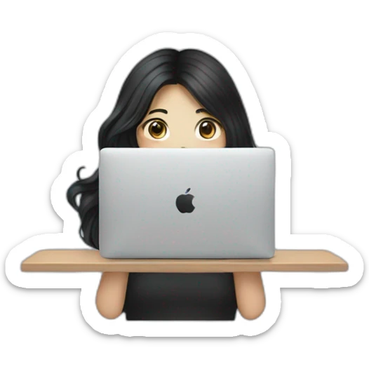 Korean girl behind of her macbook, long and wavy black hair sticker