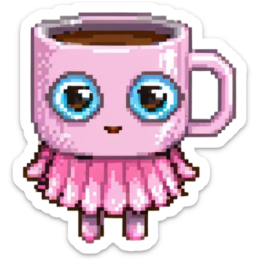 cute coffee mug character with big eyes and a pink ballet dress in pixel art style sticker